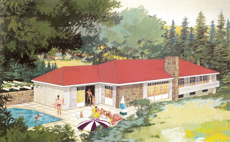 Illustrasjon av OBOS Block Watne-boligtypen Block 165 i huskatalog fra 70-tallet