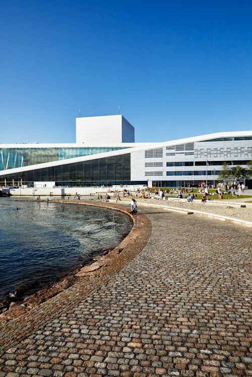 Bildet viser deler av den nye bystranda i Bjørvika og Operaen i bakgrunnen.