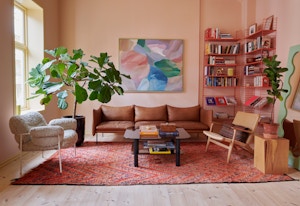 Stue med sofa, stoler, bokhylle, fikentre og vegger malt i en dus, rosa farge.