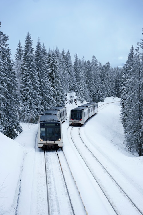 Et bilde av Frognerseteren T-bane som tar deg fra Vitigrend til Oslo sentrum.