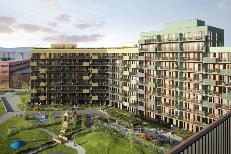 Illustrasjon av fasade med balkonger og grønne uteområder i leilighetsprosjektet Ulvenkroken